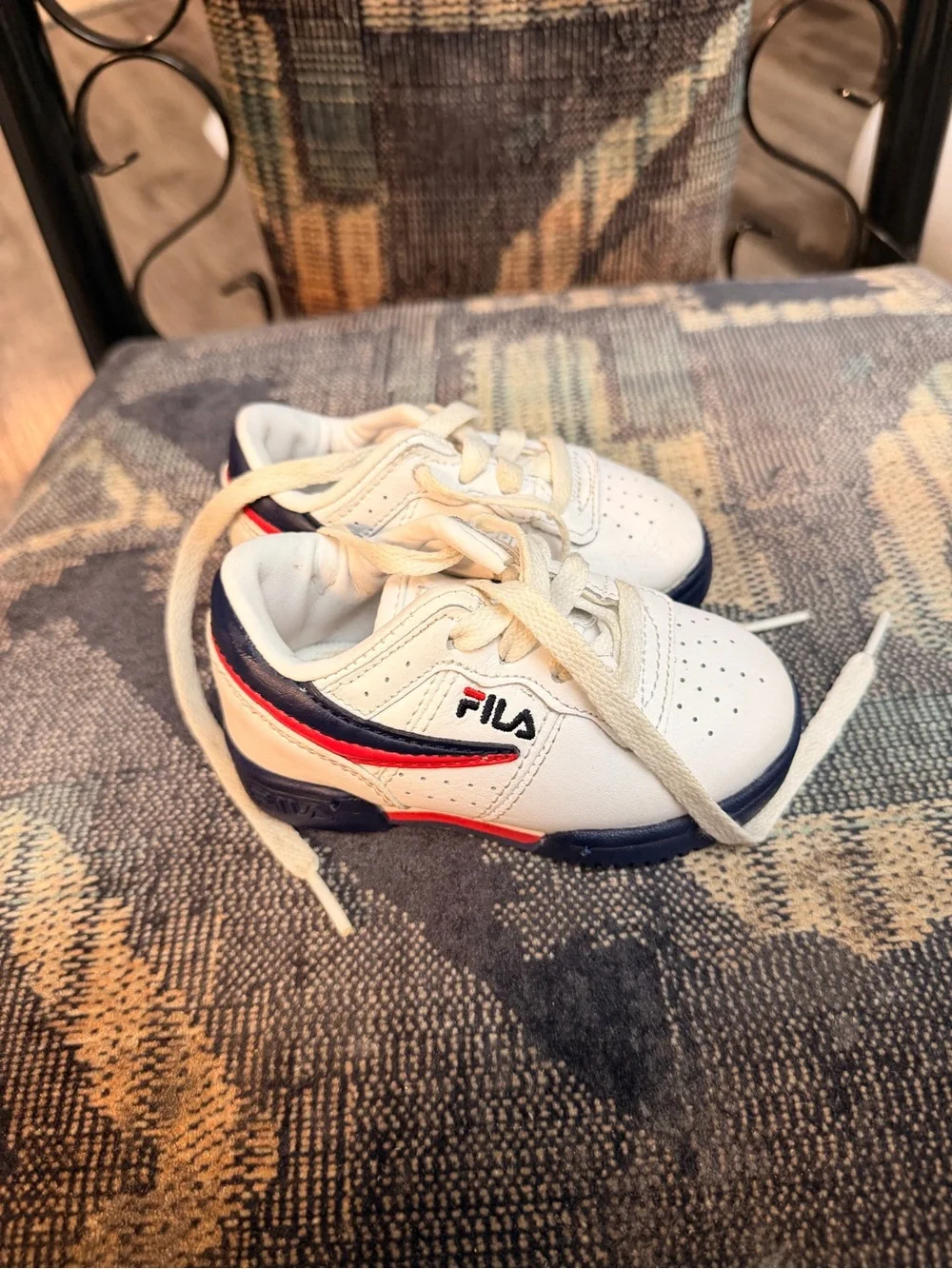 FILA White Kids Sneakers with Navy & Red Accents